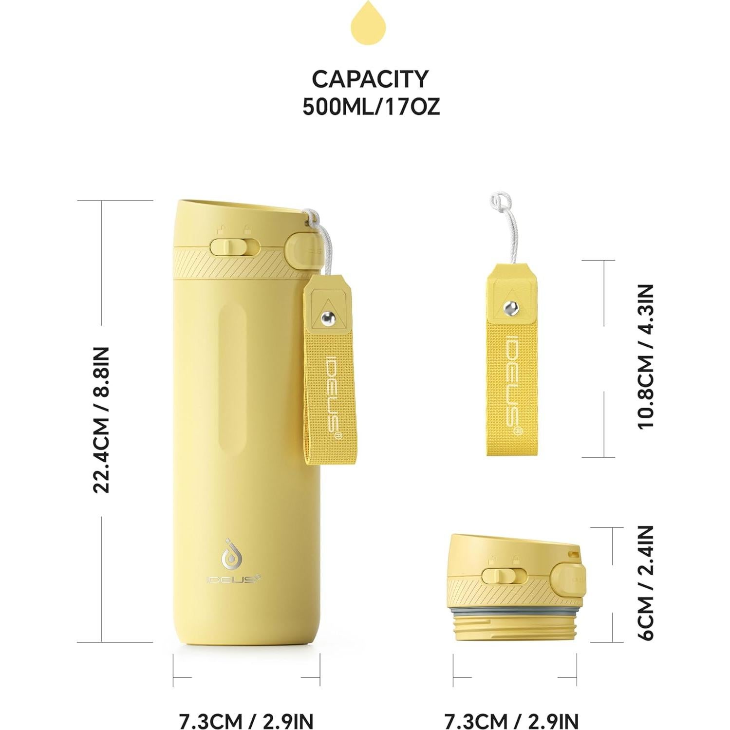 Botella de Agua Aislada IDEUS 500 ml Amarillo Claro Tapa de Tornillo