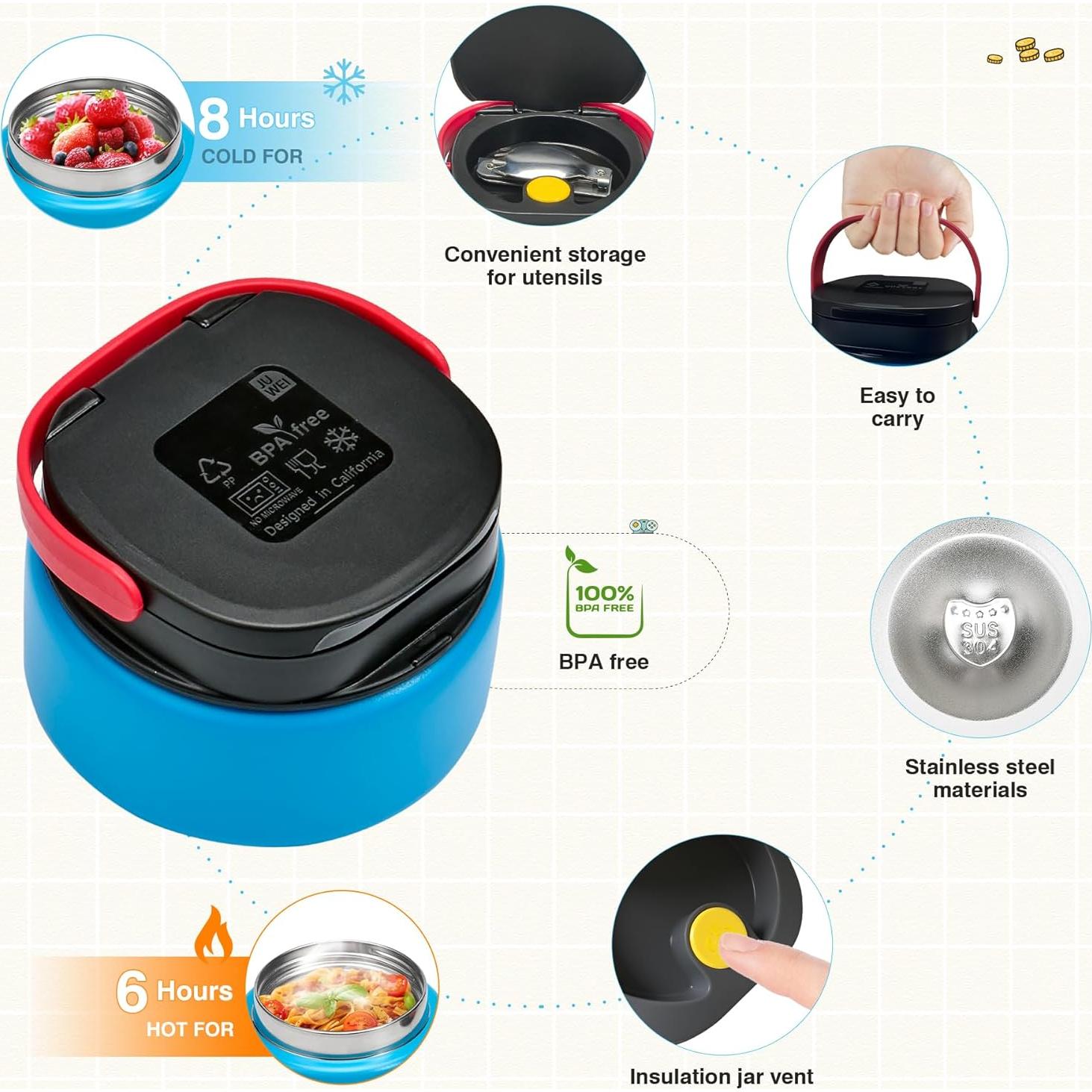 Caja Bento FAJSL para Niños con Termo 283g, Cuchara y Salsa