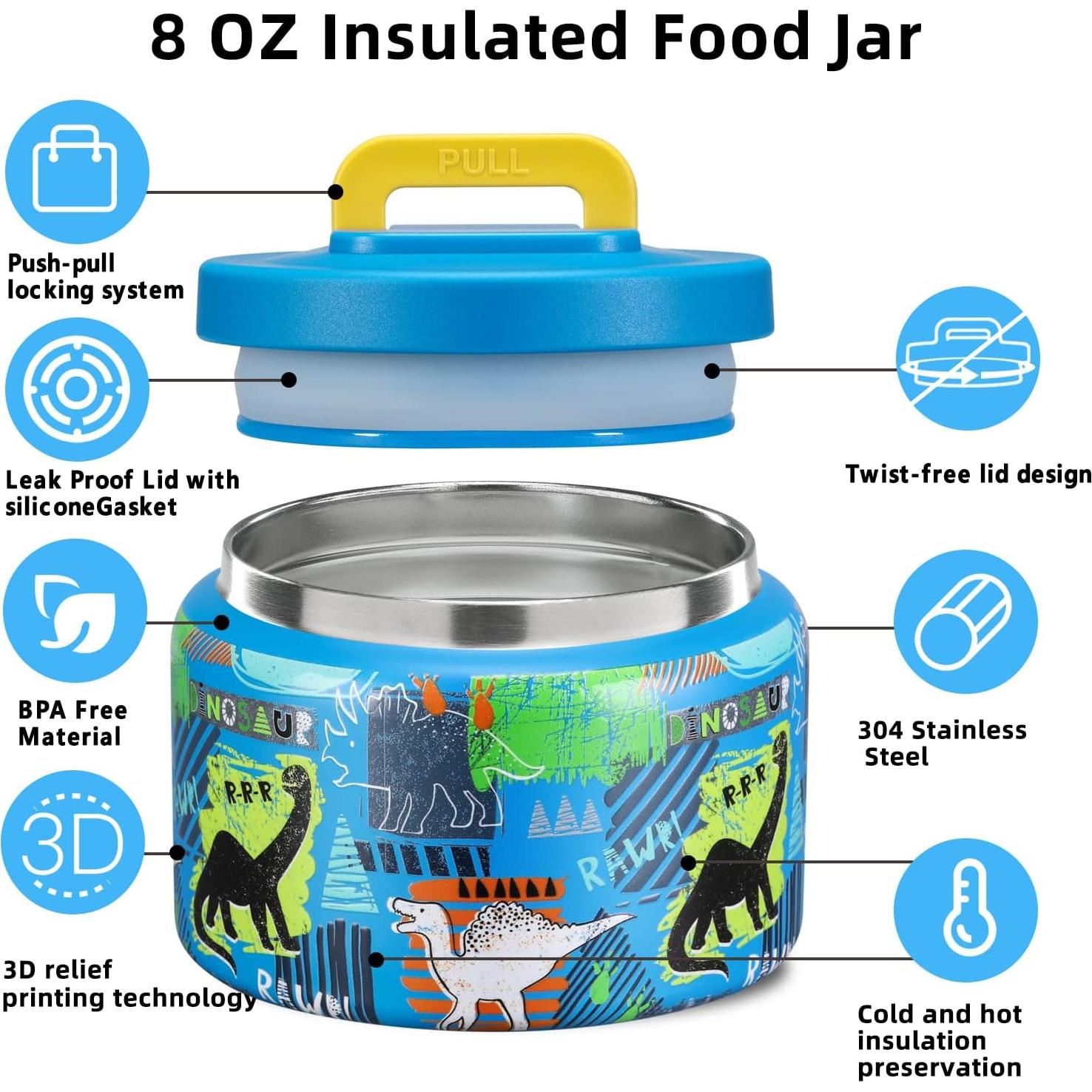 Tarro de Comida Térmico JXXM 240 ml Azul Dinosaurio Aislado