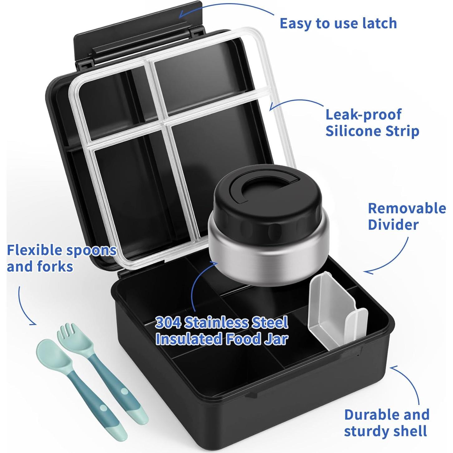 Caja Bento FAJSL Negra con Contenedor Térmico 9oz y Utensilios