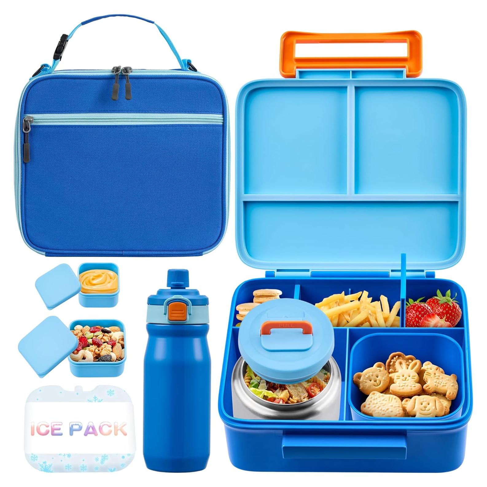 Bento Lunch Box for Kids with Thermos, Leakproof Bento Box with 8oz Insulated Food Jar, Insulated Bottle, Lunch Bag, BPA Free Dishwasher Safe 4 Compartment Container for School Girls Boys (Blue)