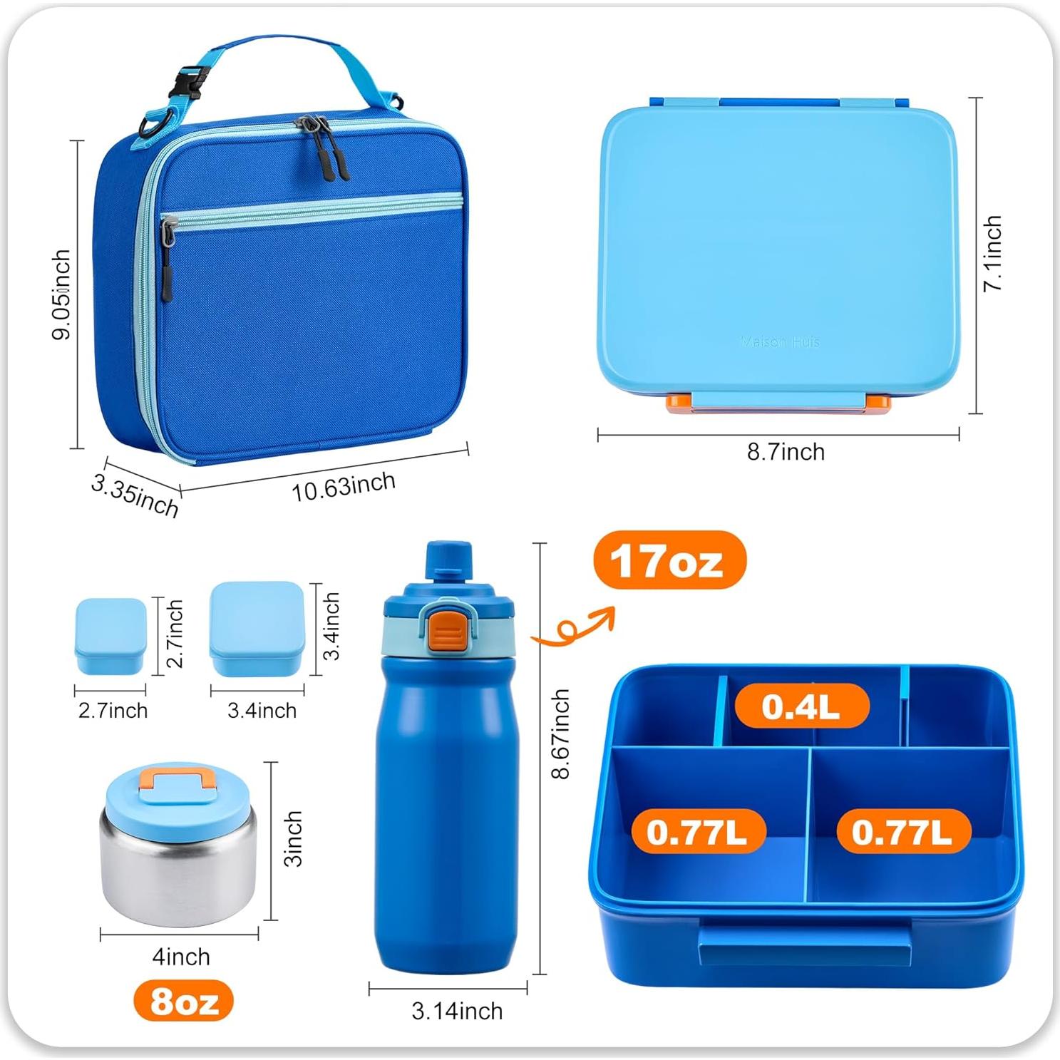 Bento Lunch Box for Kids with Thermos, Leakproof Bento Box with 8oz Insulated Food Jar, Insulated Bottle, Lunch Bag, BPA Free Dishwasher Safe 4 Compartment Container for School Girls Boys (Blue)