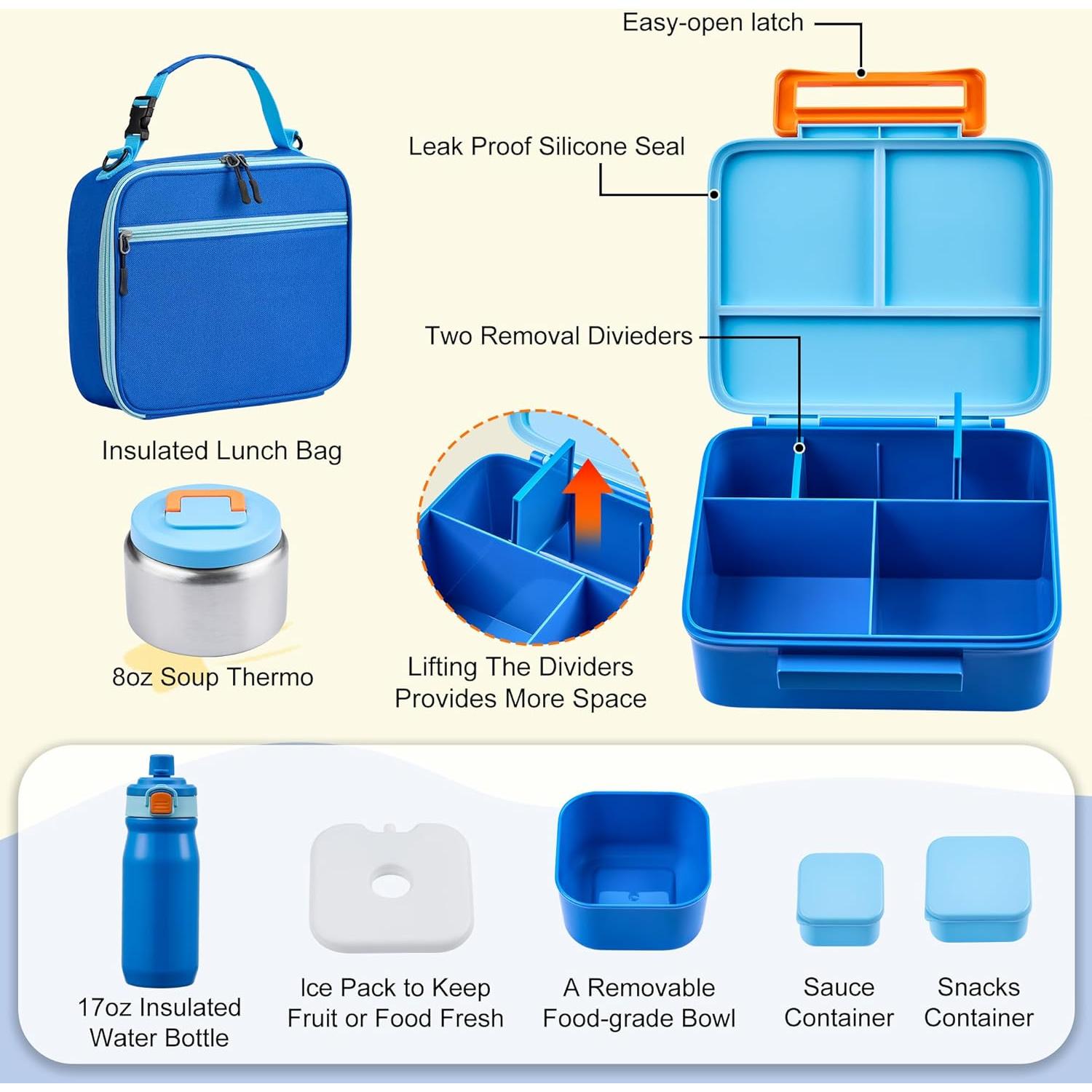 Bento Lunch Box for Kids with Thermos, Leakproof Bento Box with 8oz Insulated Food Jar, Insulated Bottle, Lunch Bag, BPA Free Dishwasher Safe 4 Compartment Container for School Girls Boys (Blue)