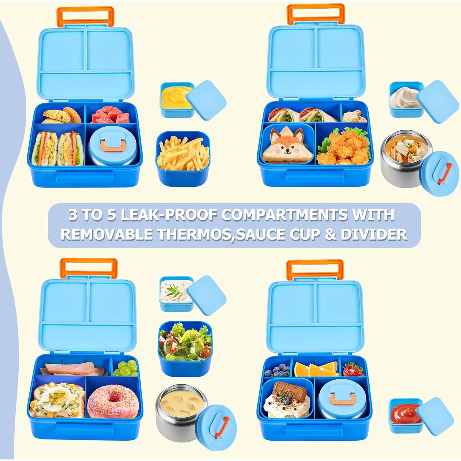 Bento Lunch Box for Kids with Thermos, Leakproof Bento Box with 8oz Insulated Food Jar, Insulated Bottle, Lunch Bag, BPA Free Dishwasher Safe 4 Compartment Container for School Girls Boys (Blue)