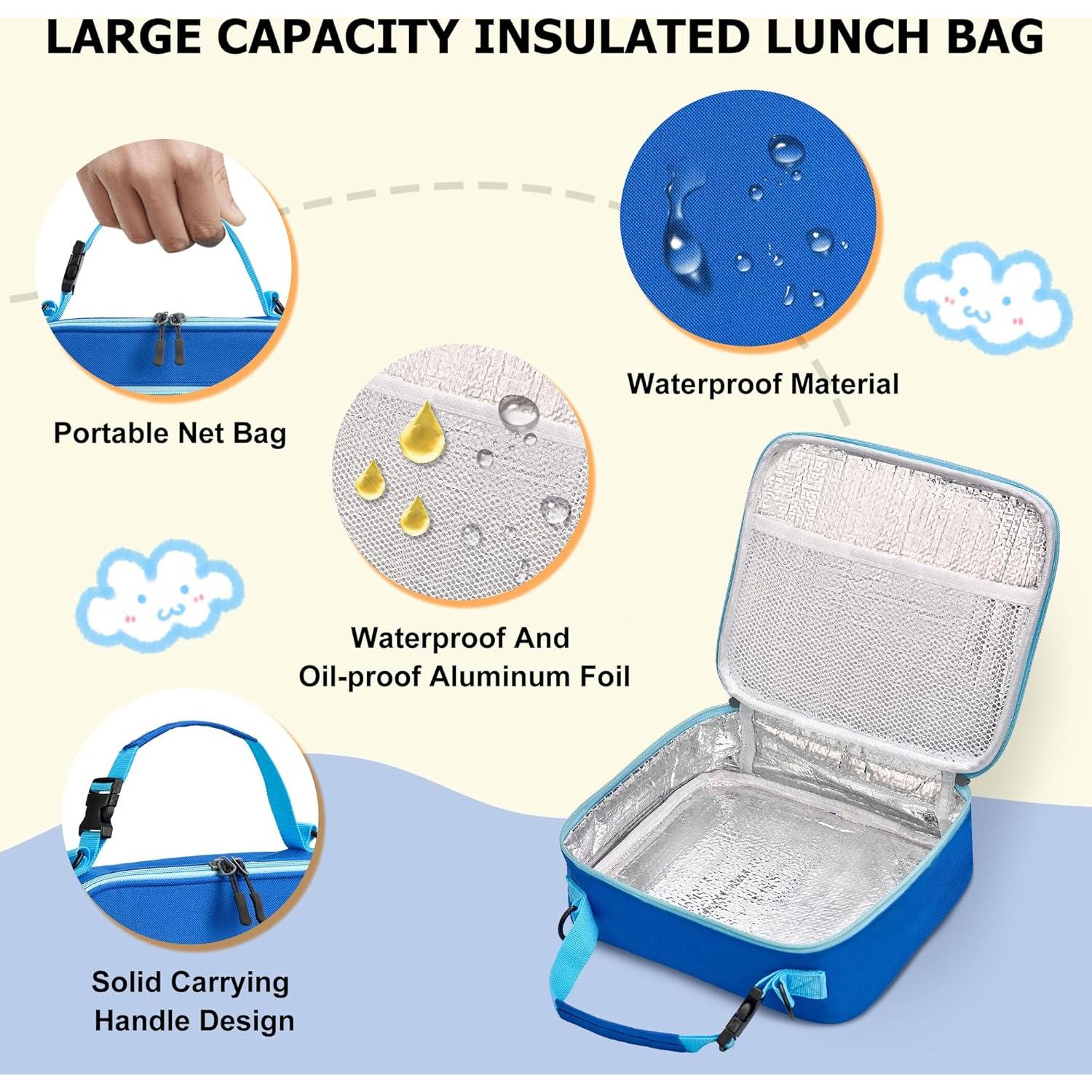 Bento Lunch Box for Kids with Thermos, Leakproof Bento Box with 8oz Insulated Food Jar, Insulated Bottle, Lunch Bag, BPA Free Dishwasher Safe 4 Compartment Container for School Girls Boys (Blue)