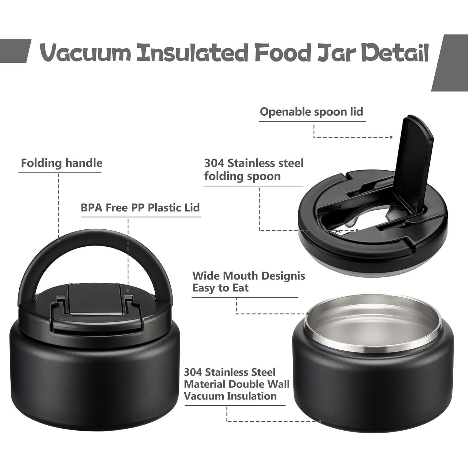 Termo de Sopa Aislado BABHAMNESS 13.5oz Negro con Cuchara