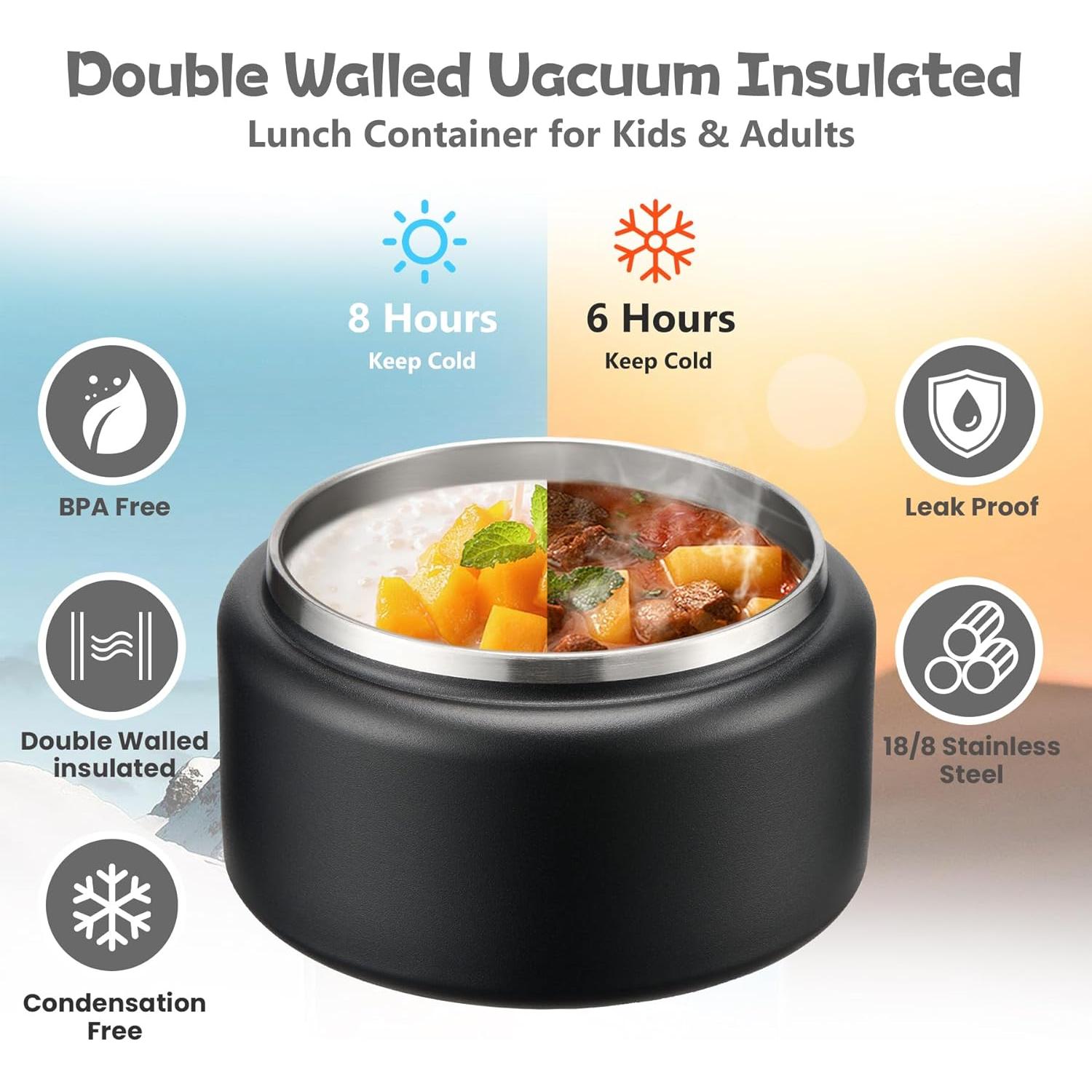 Termo de Sopa Aislado BABHAMNESS 13.5oz Negro con Cuchara