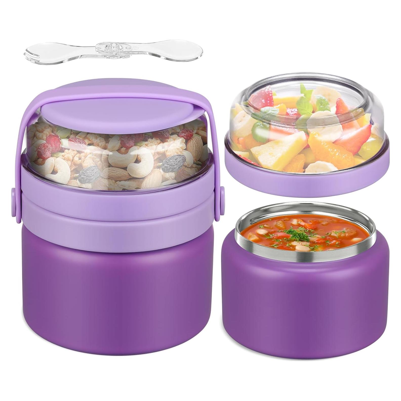 2 in 1 Double Insulated Food Jar 8oz Soup Thermo with Snack Container Kids Thermo for Hot Food Lunch Containers Wide Mouth Vacuum Stainless Steel Leak Proof for School Travel(Purple)