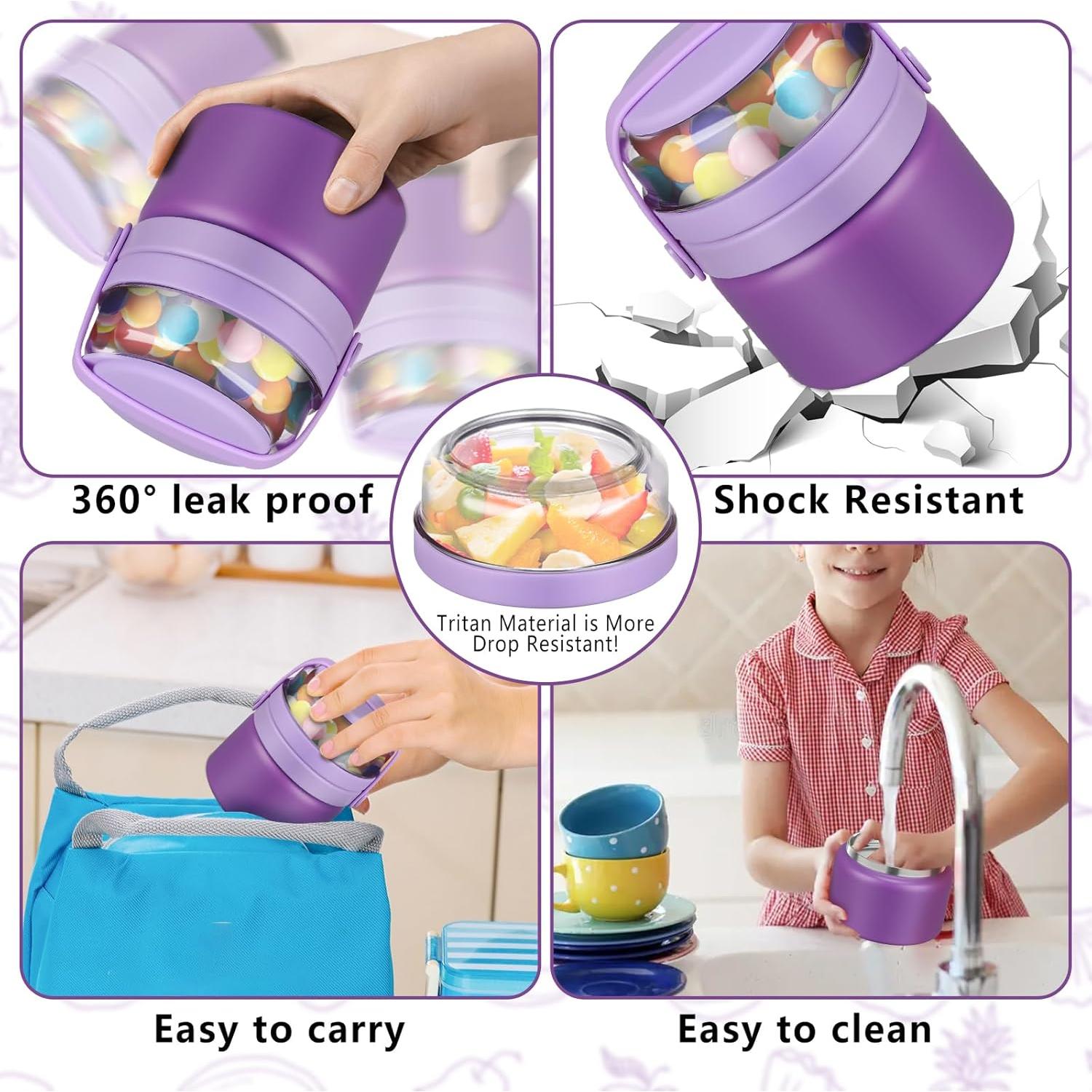 2 in 1 Double Insulated Food Jar 8oz Soup Thermo with Snack Container Kids Thermo for Hot Food Lunch Containers Wide Mouth Vacuum Stainless Steel Leak Proof for School Travel(Purple)