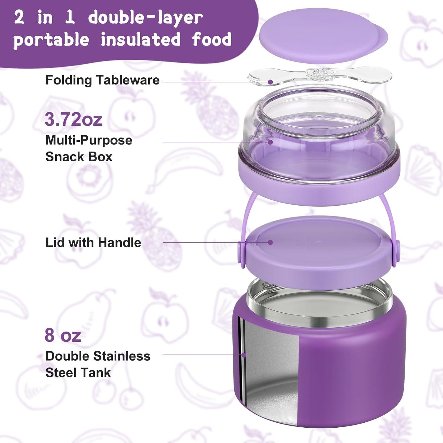 2 in 1 Double Insulated Food Jar 8oz Soup Thermo with Snack Container Kids Thermo for Hot Food Lunch Containers Wide Mouth Vacuum Stainless Steel Leak Proof for School Travel(Purple)