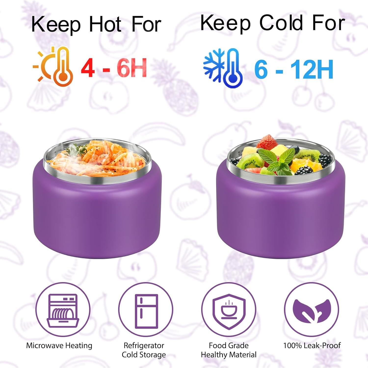 2 in 1 Double Insulated Food Jar 8oz Soup Thermo with Snack Container Kids Thermo for Hot Food Lunch Containers Wide Mouth Vacuum Stainless Steel Leak Proof for School Travel(Purple)