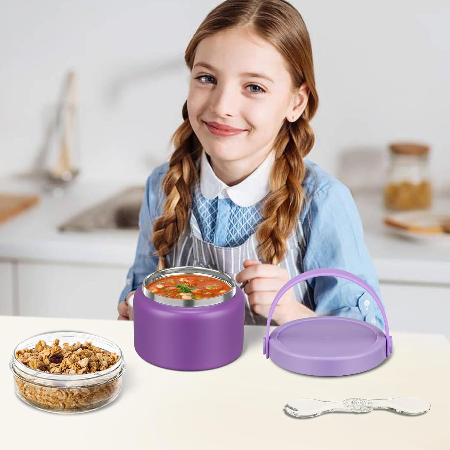 2 in 1 Double Insulated Food Jar 8oz Soup Thermo with Snack Container Kids Thermo for Hot Food Lunch Containers Wide Mouth Vacuum Stainless Steel Leak Proof for School Travel(Purple)