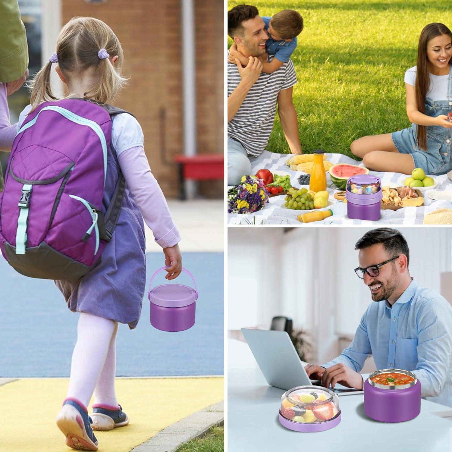 2 in 1 Double Insulated Food Jar 8oz Soup Thermo with Snack Container Kids Thermo for Hot Food Lunch Containers Wide Mouth Vacuum Stainless Steel Leak Proof for School Travel(Purple)