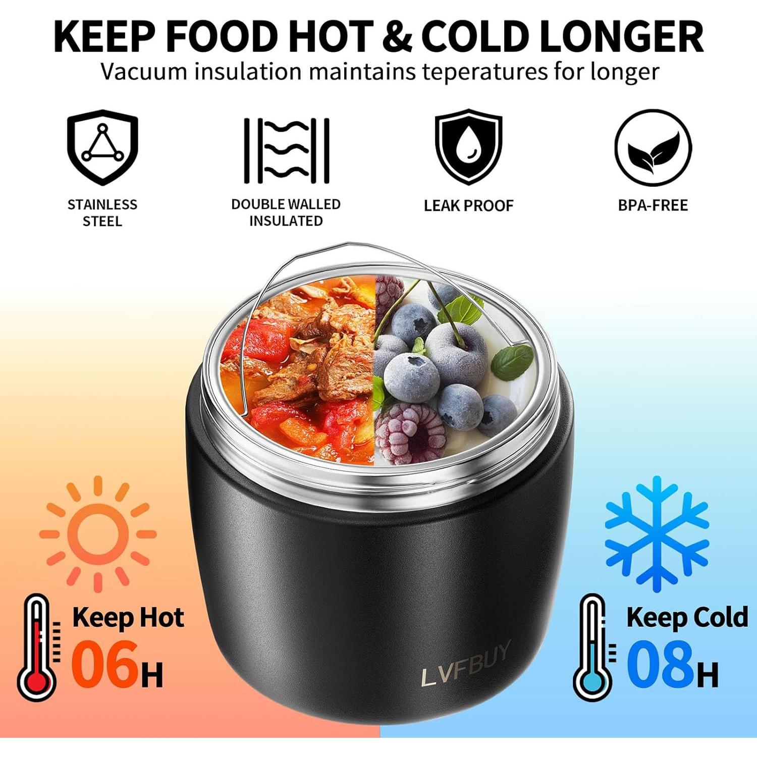 Tarro Térmico Aislado 1000ml LVFBUY - A prueba de fugas, Negro