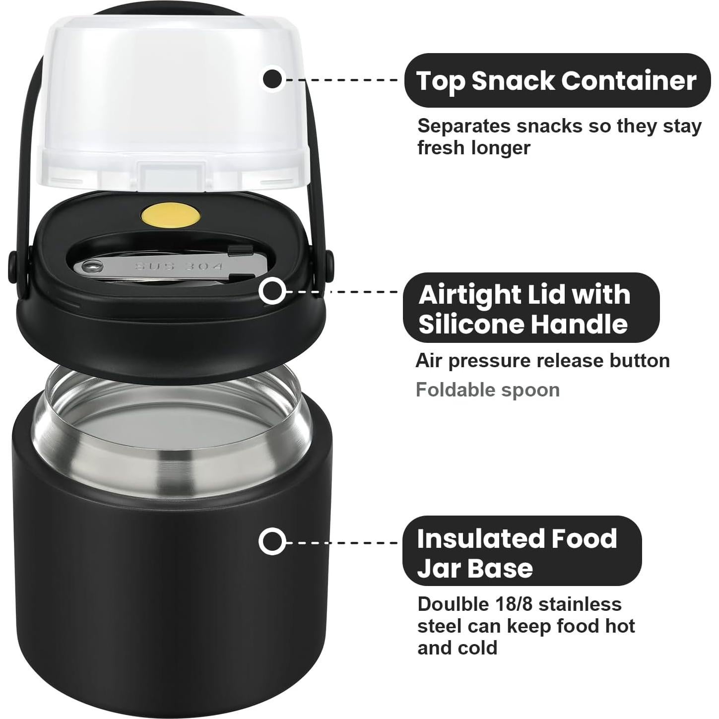 Tarro de Comida Aislado BEAQUEE 15oz 2-en-1 Negro