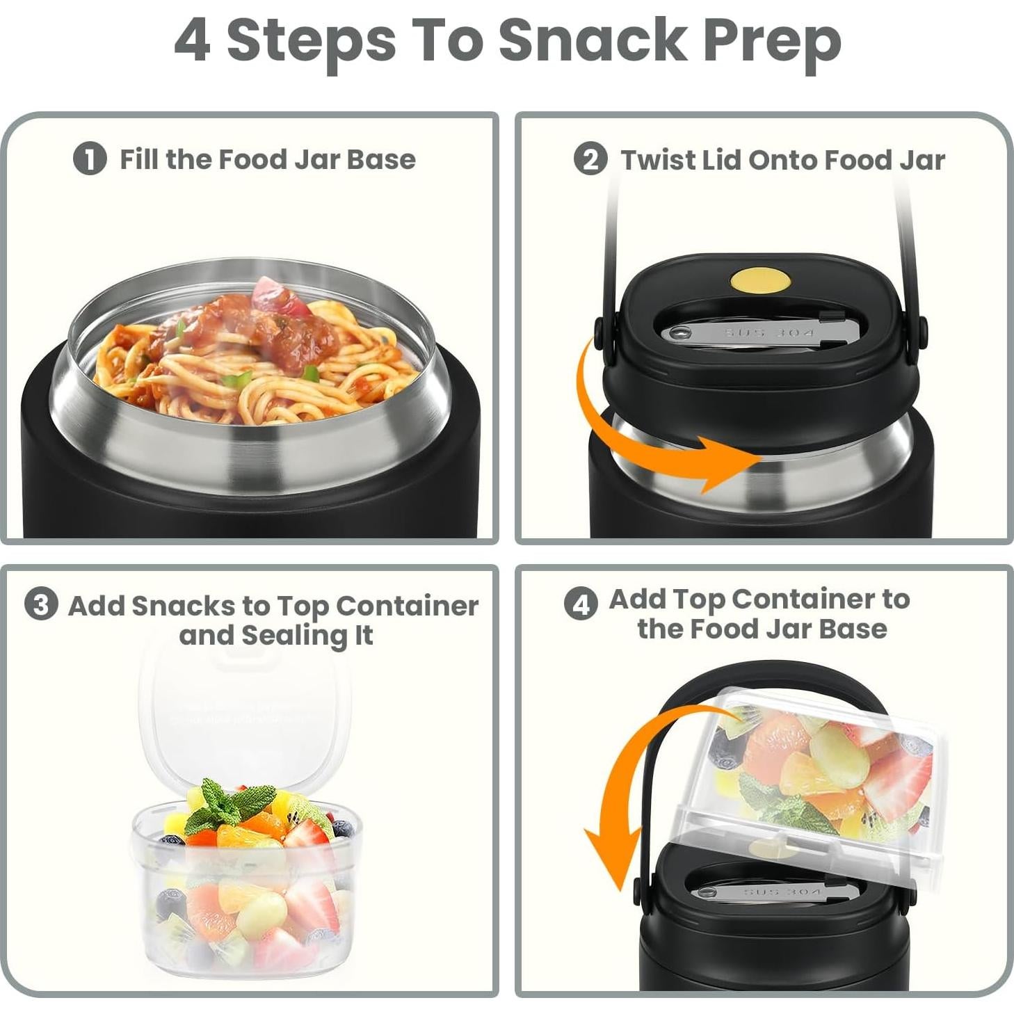 Tarro de Comida Aislado BEAQUEE 15oz 2-en-1 Negro