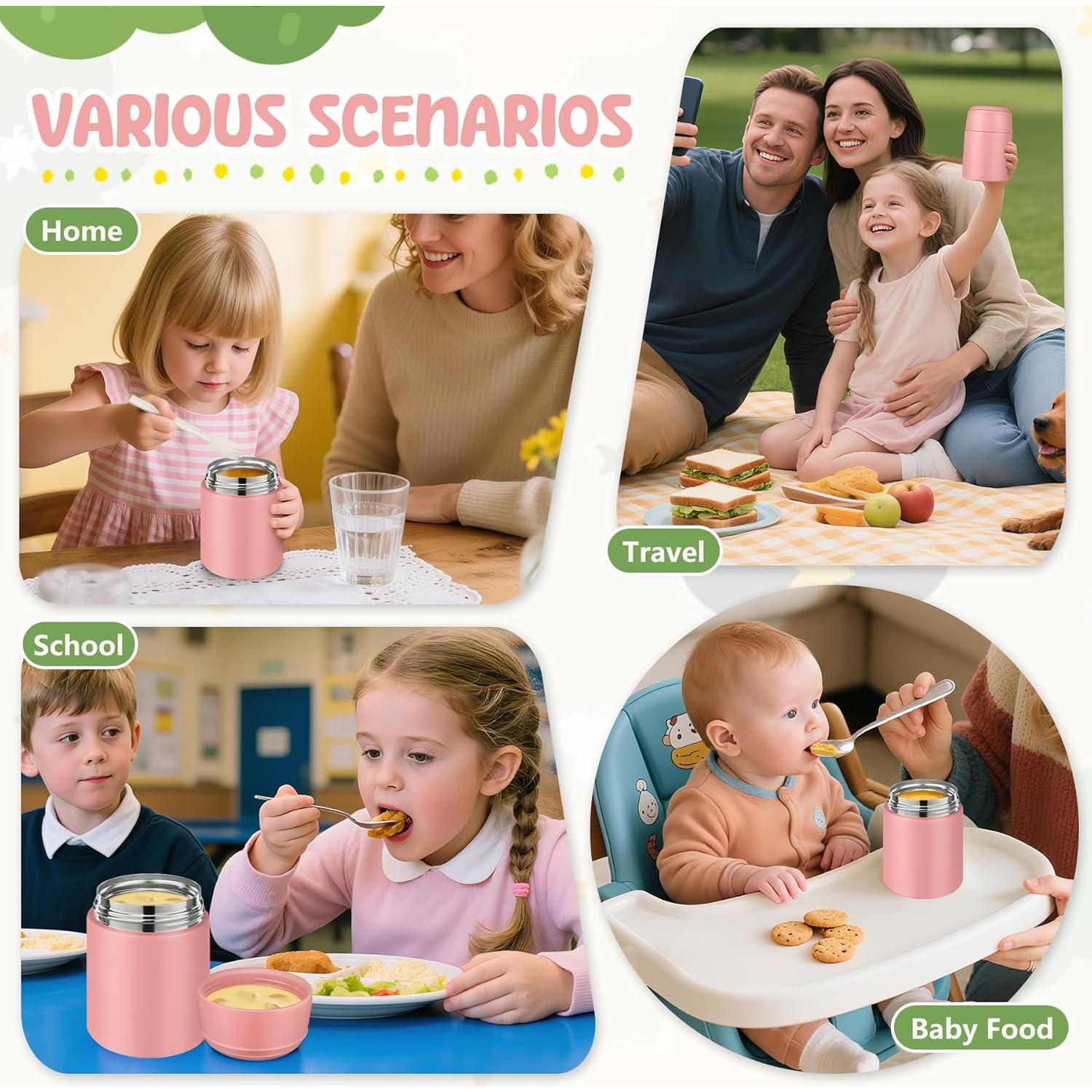 Tarro Térmico WXXM 295ml Rosa para Niños con Cuchara