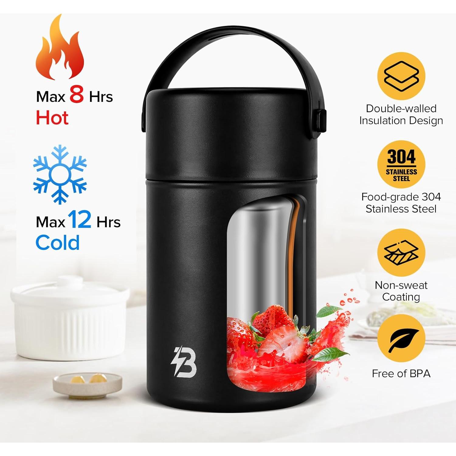 Termo de Comida Térmica TSAKBAM 1 kg Negro con Cuchara Plegable