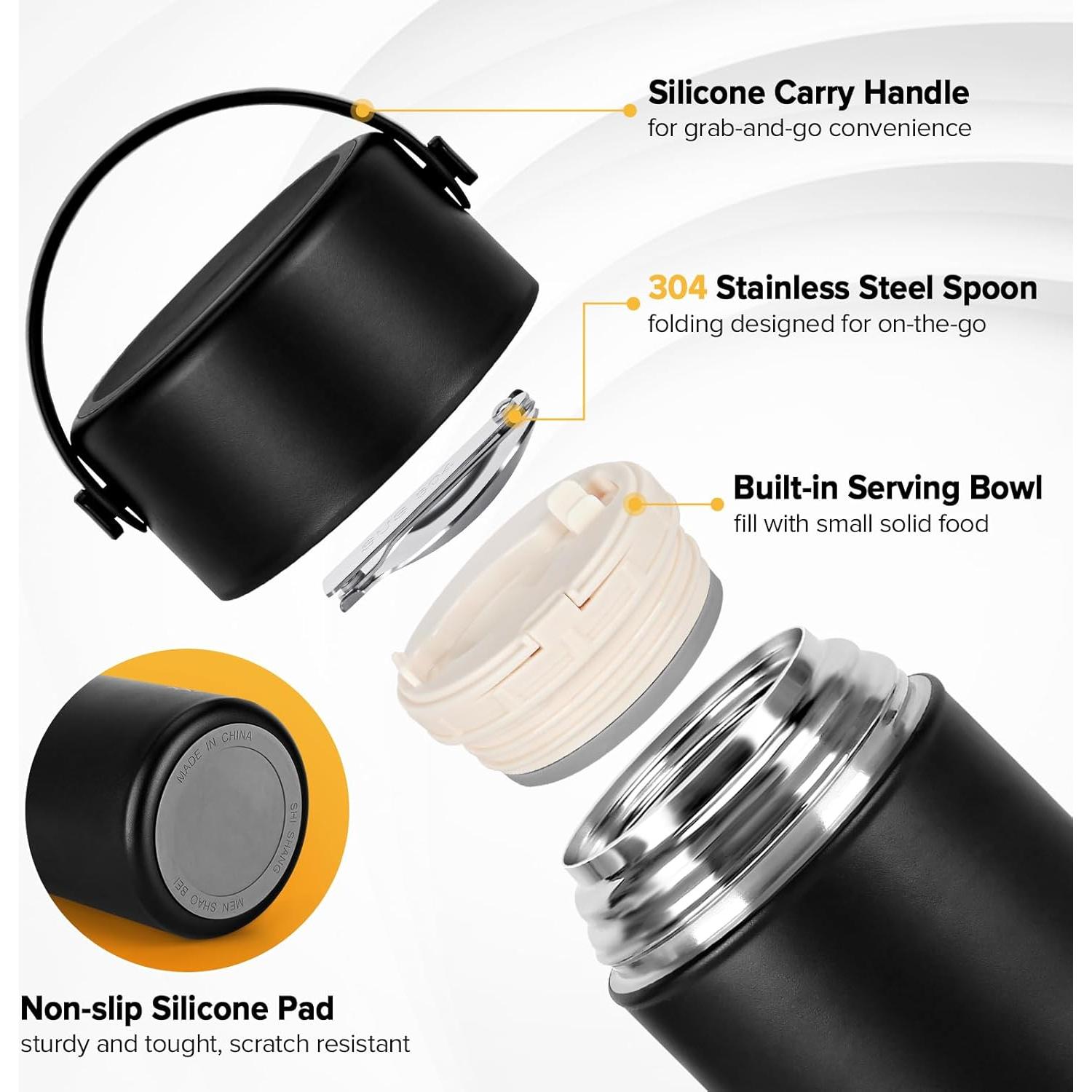 Termo de Comida Térmica TSAKBAM 1 kg Negro con Cuchara Plegable