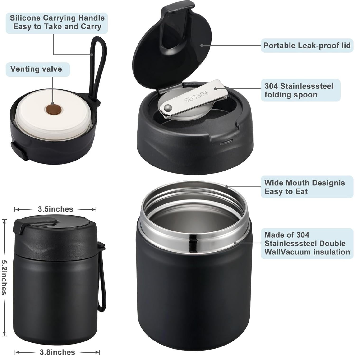 Termo de Sopa Howeemo 502 ml Acero Inoxidable Aislado Negro