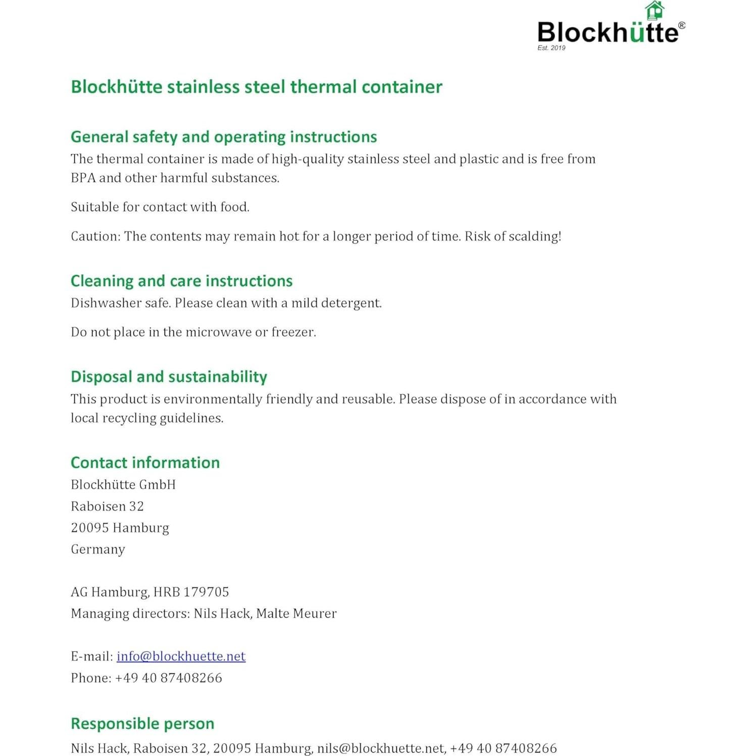 Termo de Comida Blockhütte 730 ml Acero Inoxidable 14h Caliente