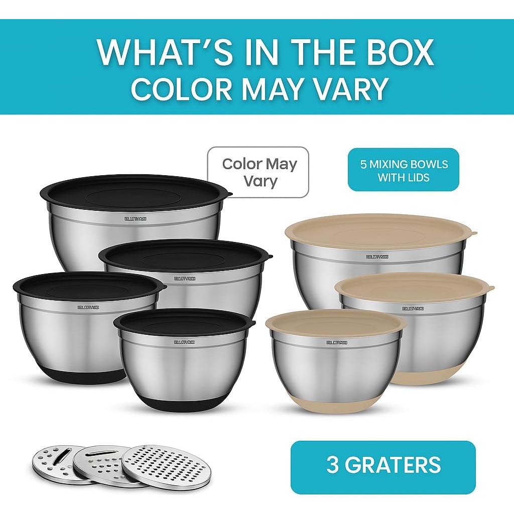 Juego de 5 Tazones Mezcla Acero Inoxidable Belwares Caqui