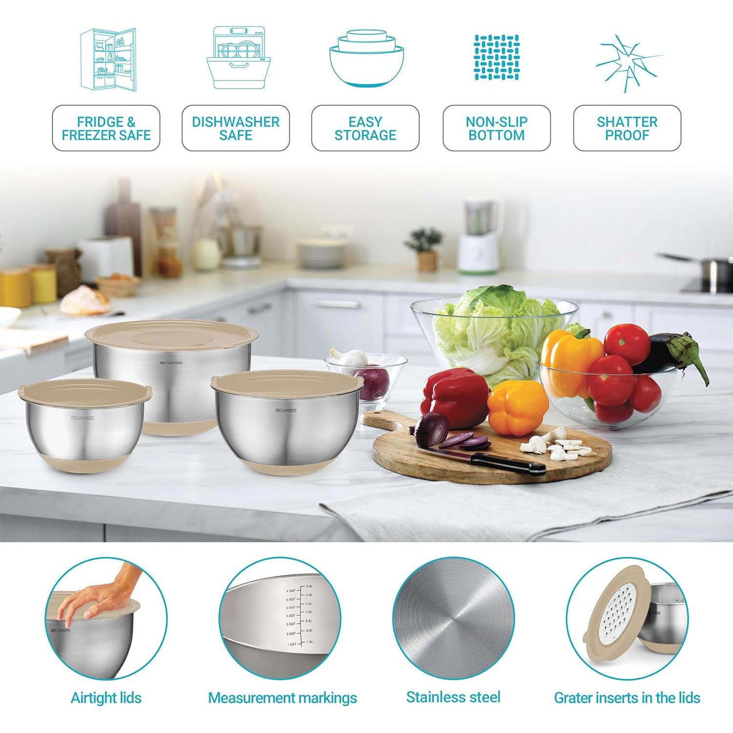 Juego de 5 Tazones Mezcla Acero Inoxidable Belwares Caqui