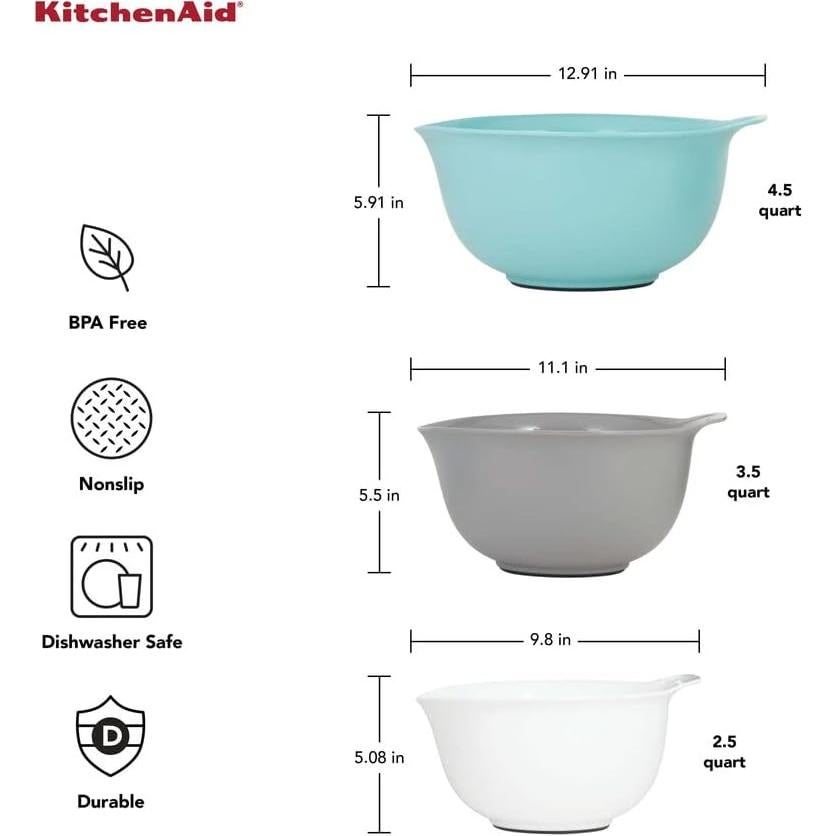 Juego de 3 Tazones de Mezcla KitchenAid Plástico 2.37L 3.31L 4.26L