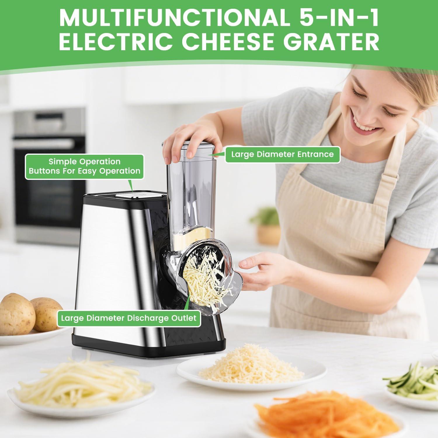 Rallador de Queso Eléctrico AERKINE 5 en 1 con 5 Cuchillas