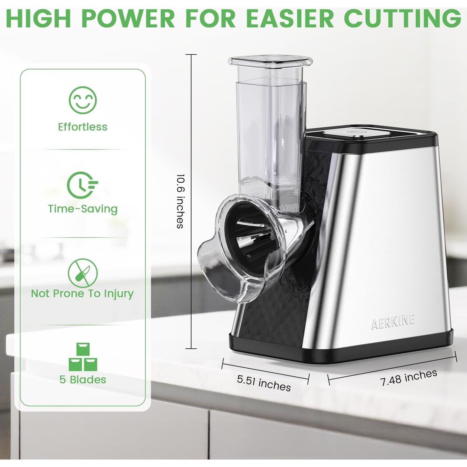 Rallador de Queso Eléctrico AERKINE 5 en 1 con 5 Cuchillas