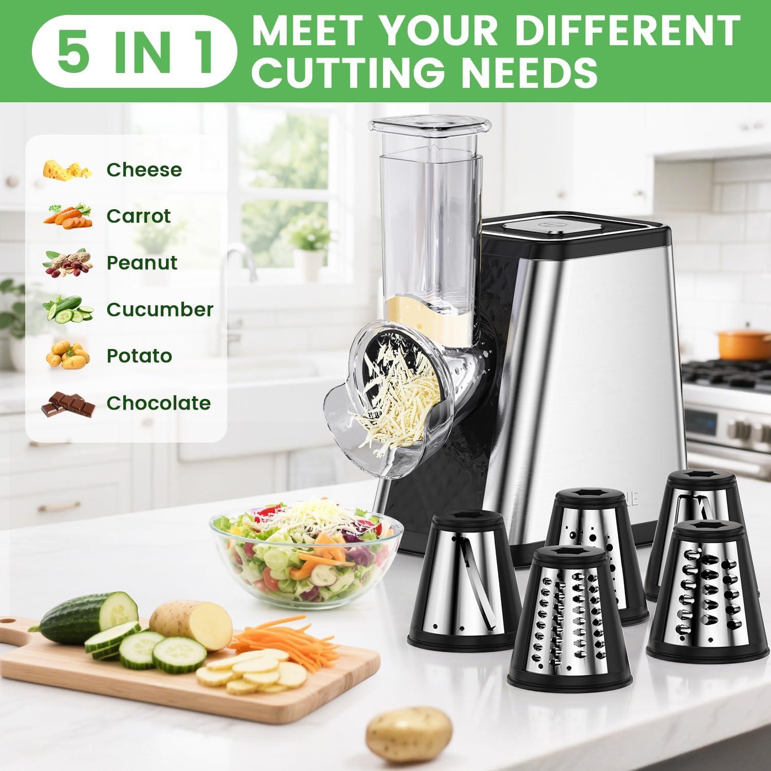 Rallador de Queso Eléctrico AERKINE 5 en 1 con 5 Cuchillas