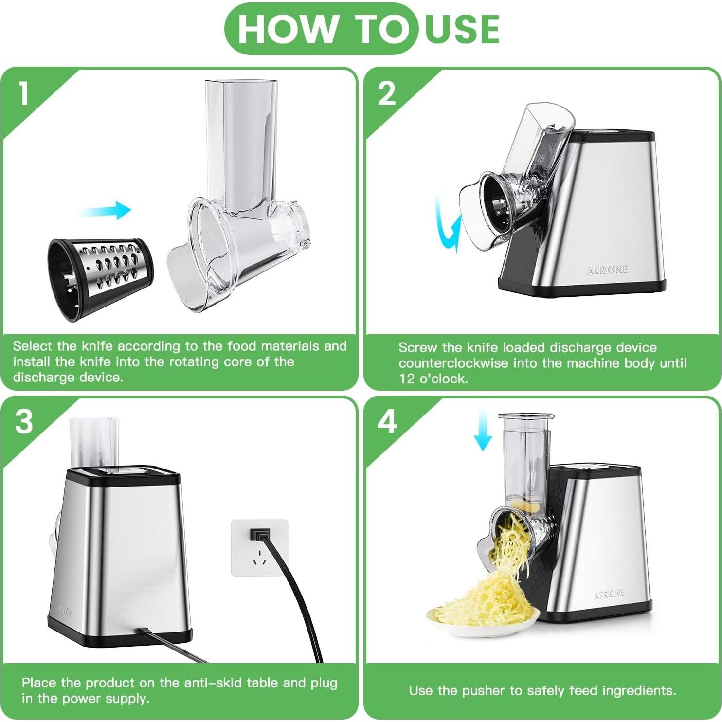 Rallador de Queso Eléctrico AERKINE 5 en 1 con 5 Cuchillas