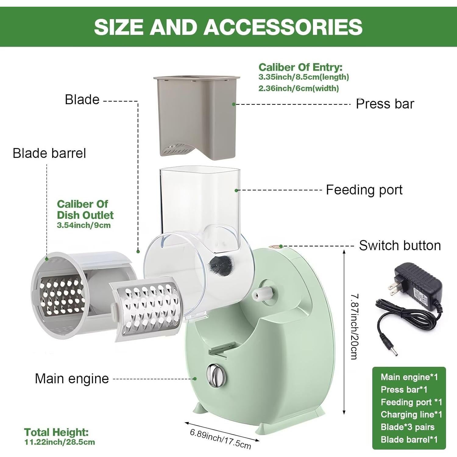 Rallador de Queso Eléctrico Failenfeivp Verde 3 en 1