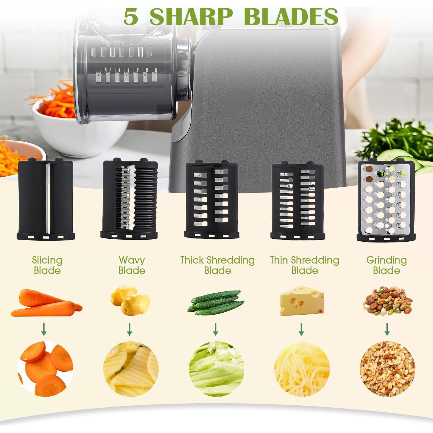 Rallador de Queso Eléctrico Flyseago 5 en 1 con 5 Cuchillas