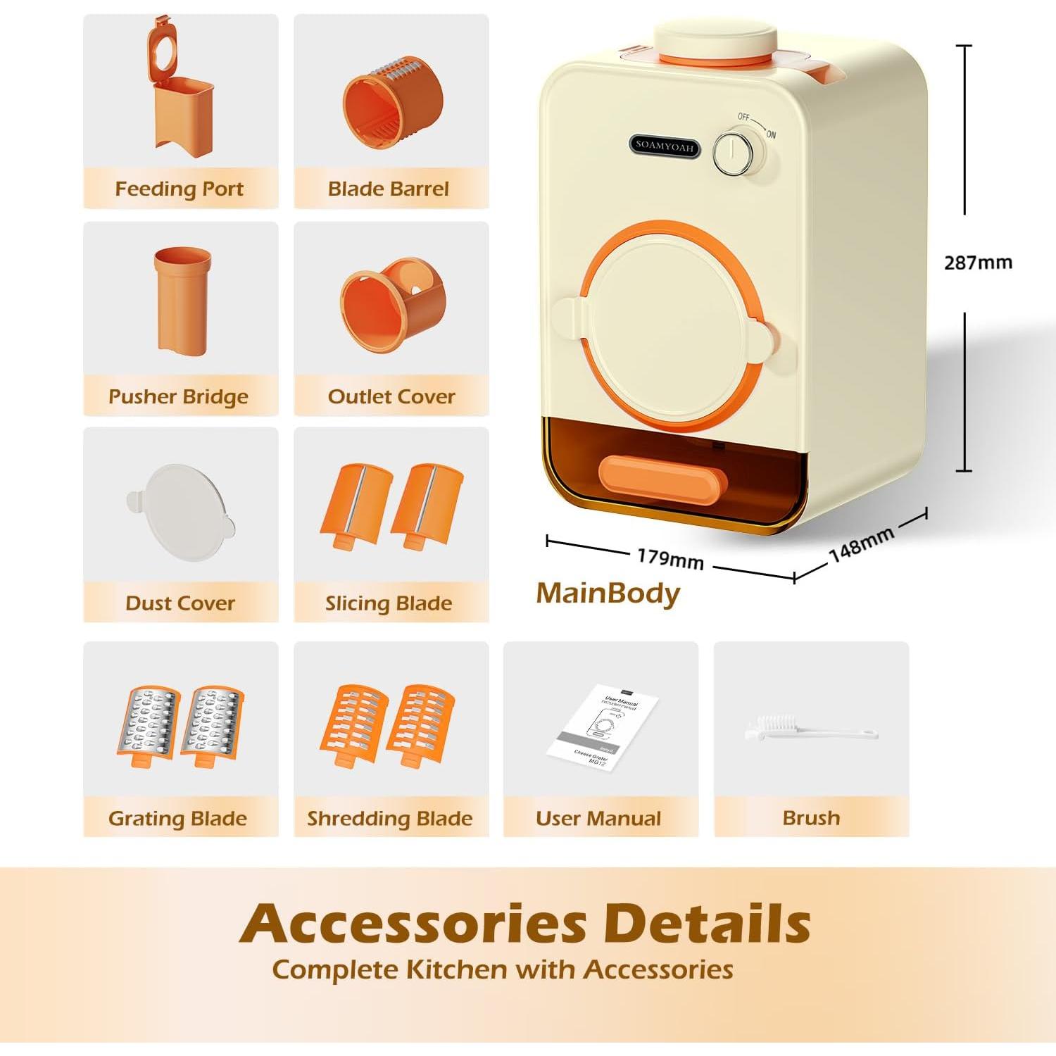 Rallador Eléctrico SOAMYOAH MG12 con 3 Cuchillas y Tubo 10.16 cm