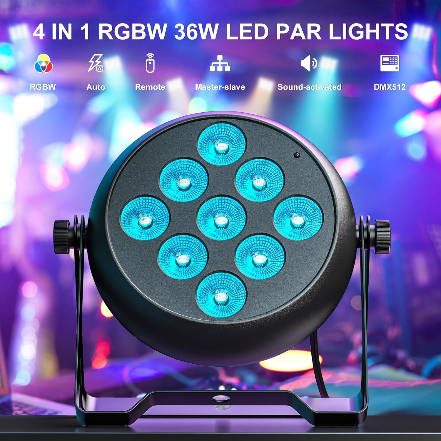 Luces Par LED 36W RGBW 9x4W Control Remoto Paquete de 4
