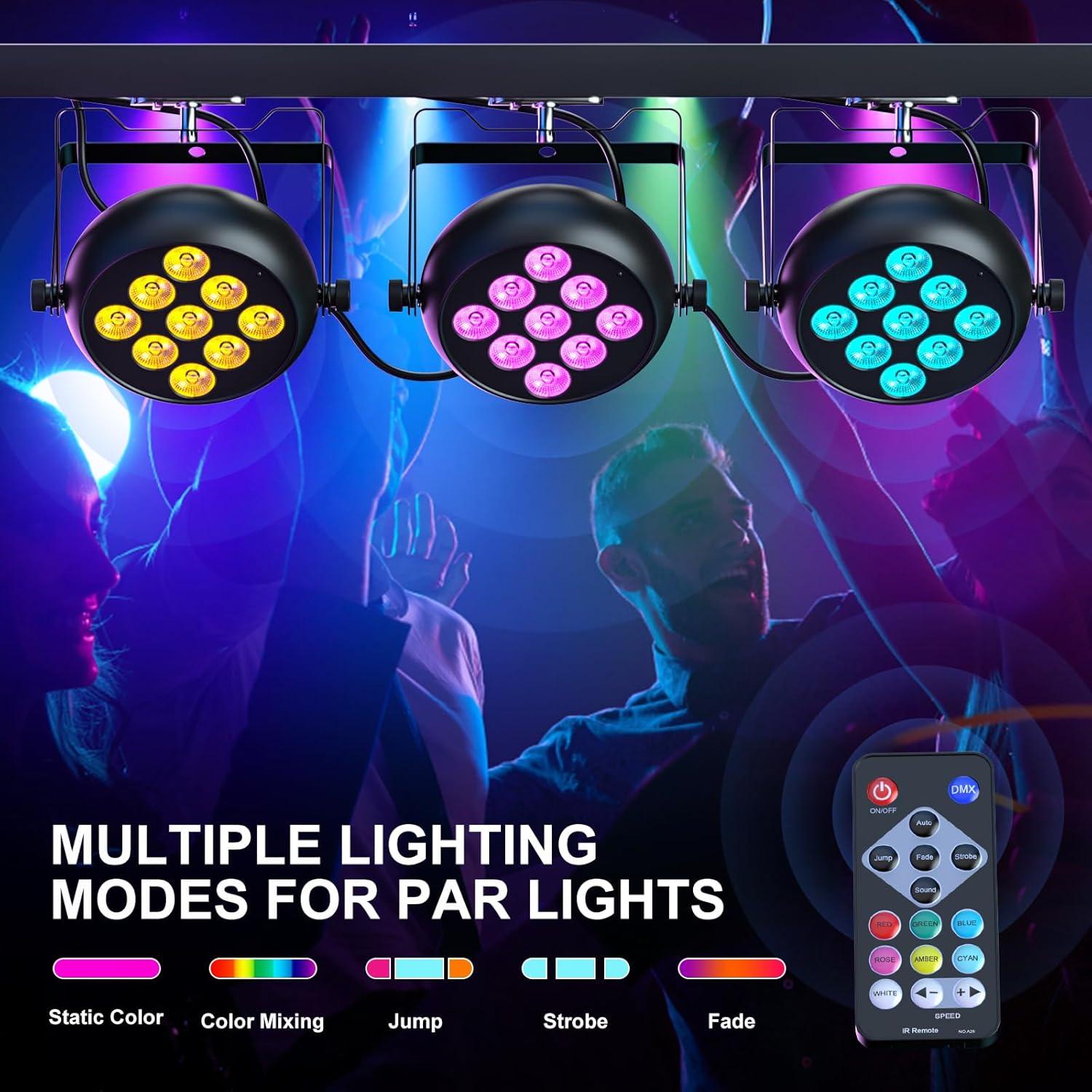 Luces Par LED 36W RGBW 9x4W Control Remoto Paquete de 4