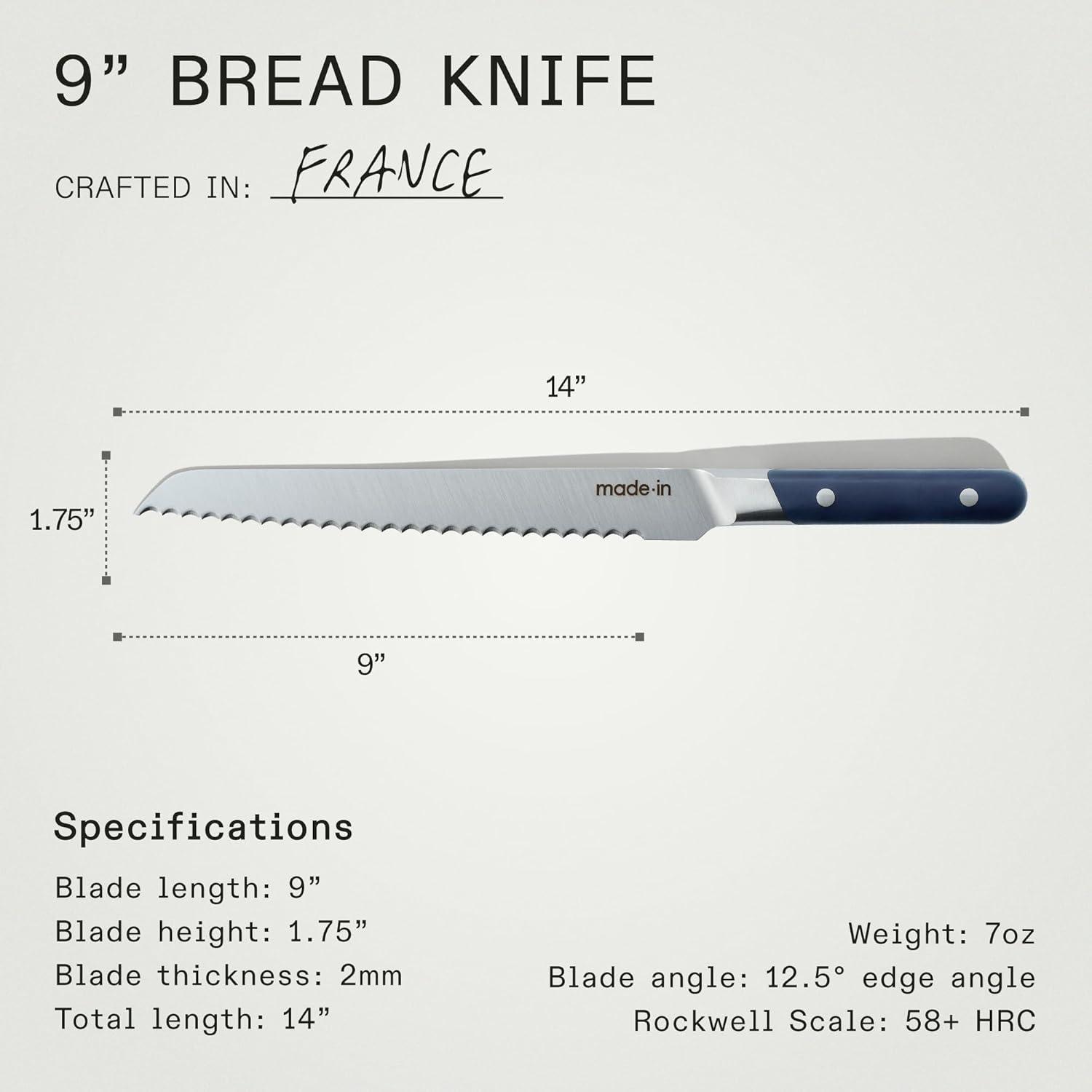 Made In Cookware - 9" Inch Bread Knife France - Full Tang With Harbour Blue Handle