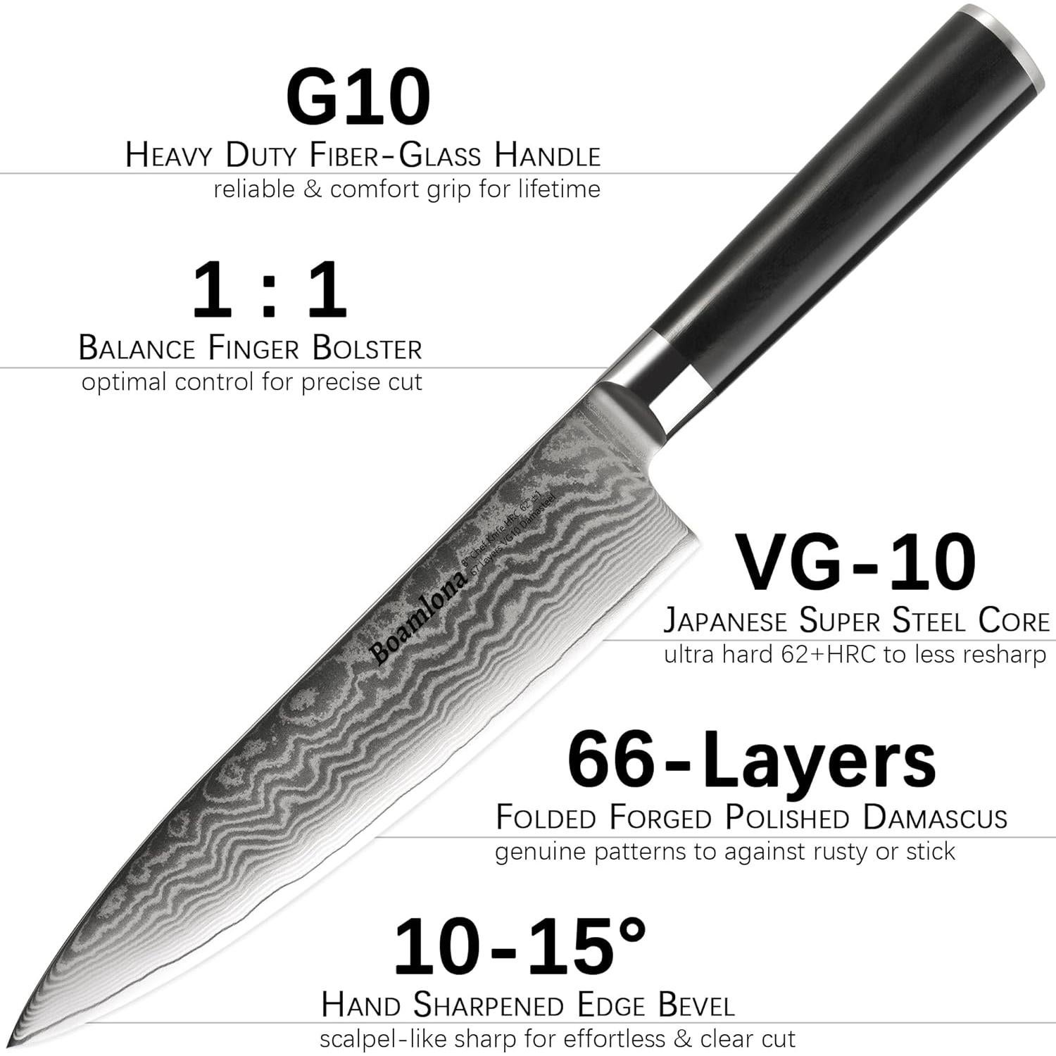 Cuchillo de Chef Damasco Boamlona 20 cm Acero VG10 Mango G10