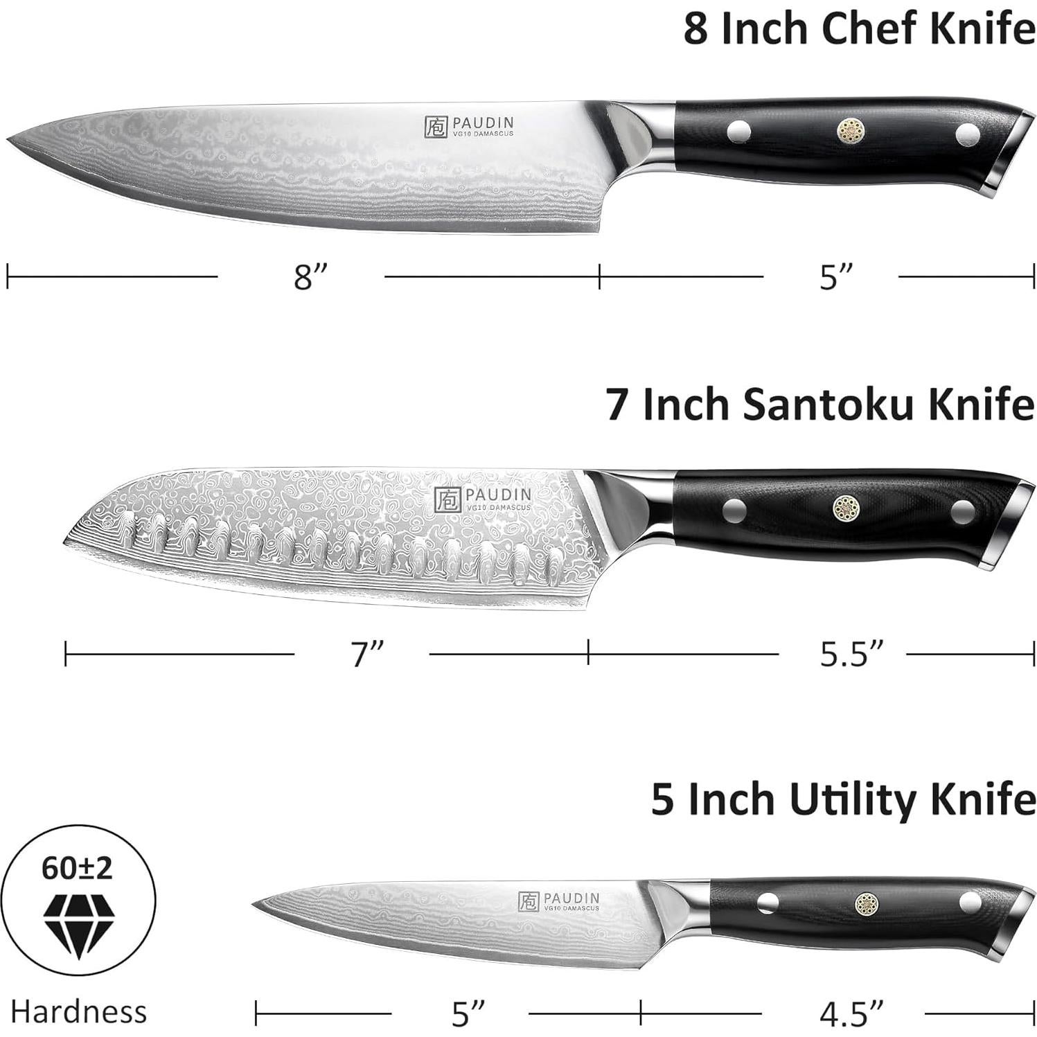 Juego de cuchillos PAUDIN Damascus 3 PCS - Acero VG10 Japonés