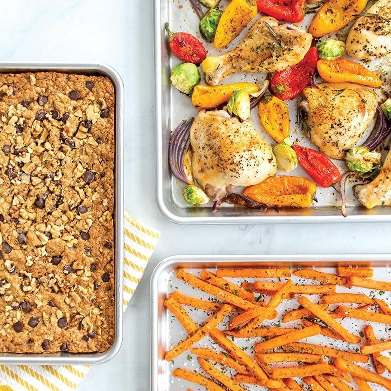 Naturals 4 Piece Set - USA Made Aluminum Commercial Quality Pans for Baking or Roasting, Encapsulated Galvanized Steel Rim Prevents Warping; Quarter Sheet, Jelly Roll, Half Sheet with Lid