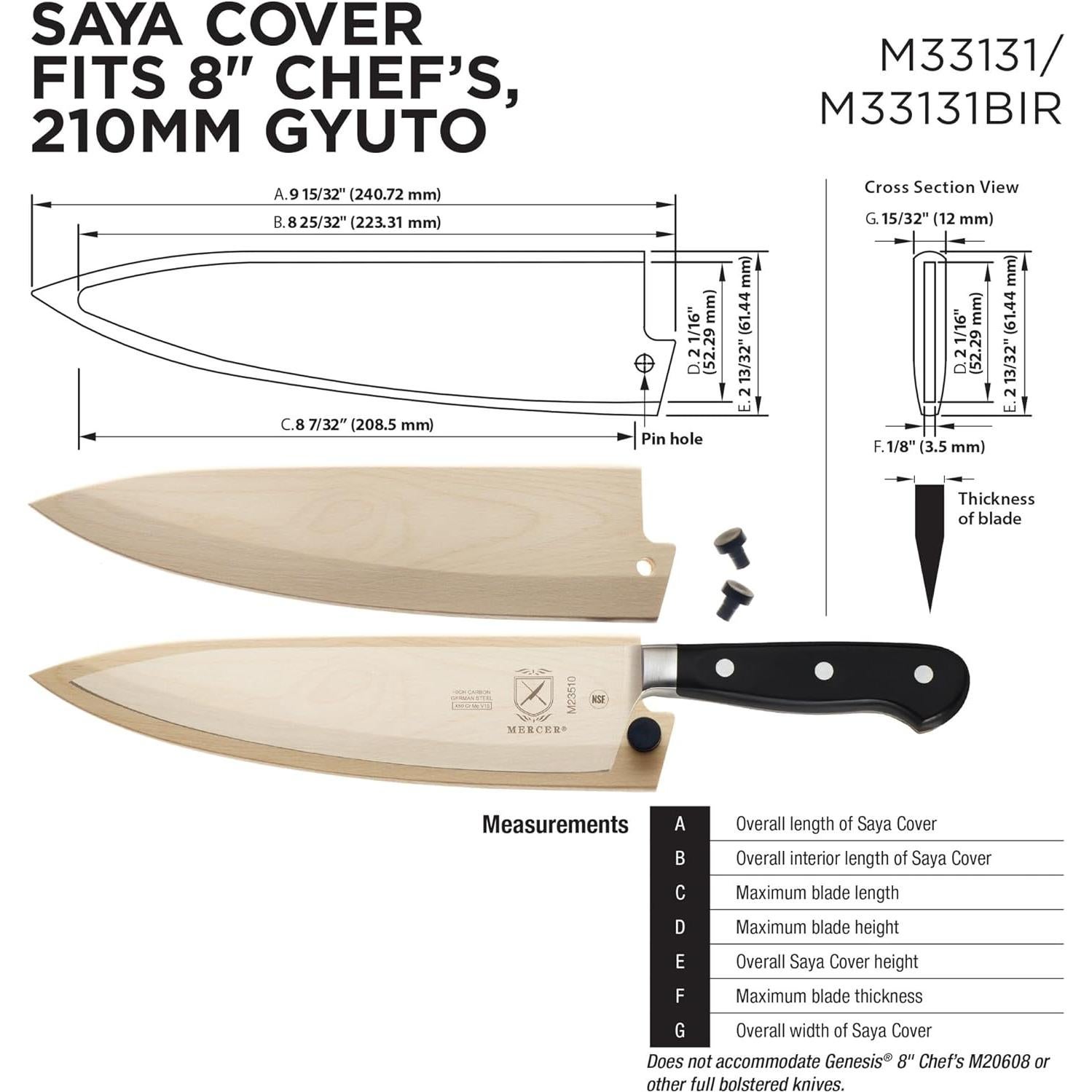 Protector de hoja Saya Mercer de fresno para cuchillos 20.32 cm