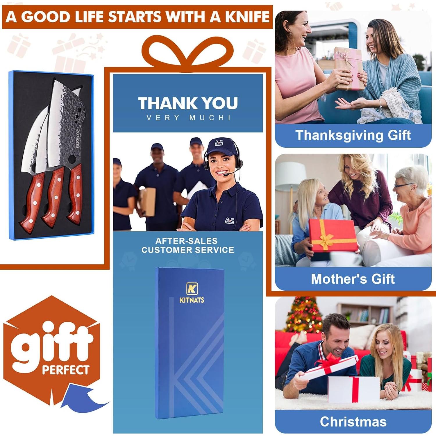 Juego de 3 cuchillos de carnicero KITNATS forjados a mano