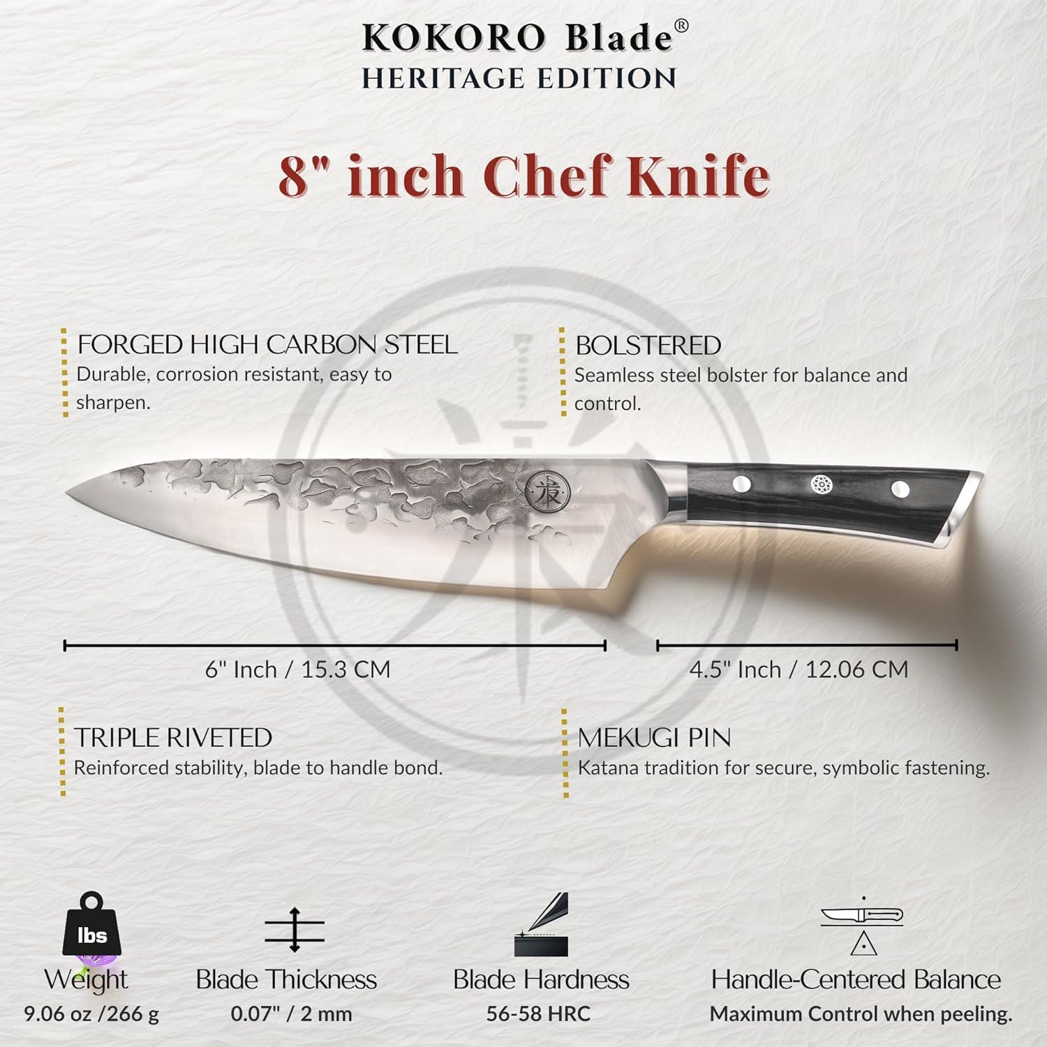 Cuchillo de Chef KOKORO 20.32 cm Forjado a Mano Full Tang