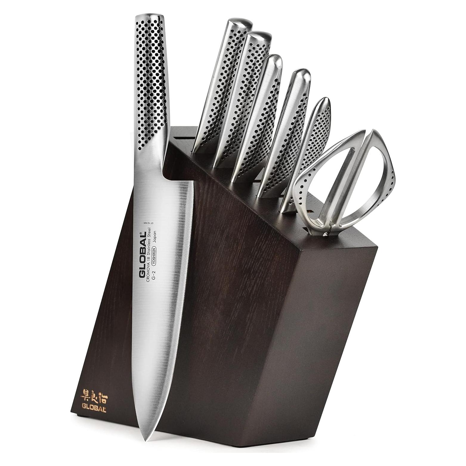 Juego de cuchillos Global 8 piezas con bloque de nogal oscuro