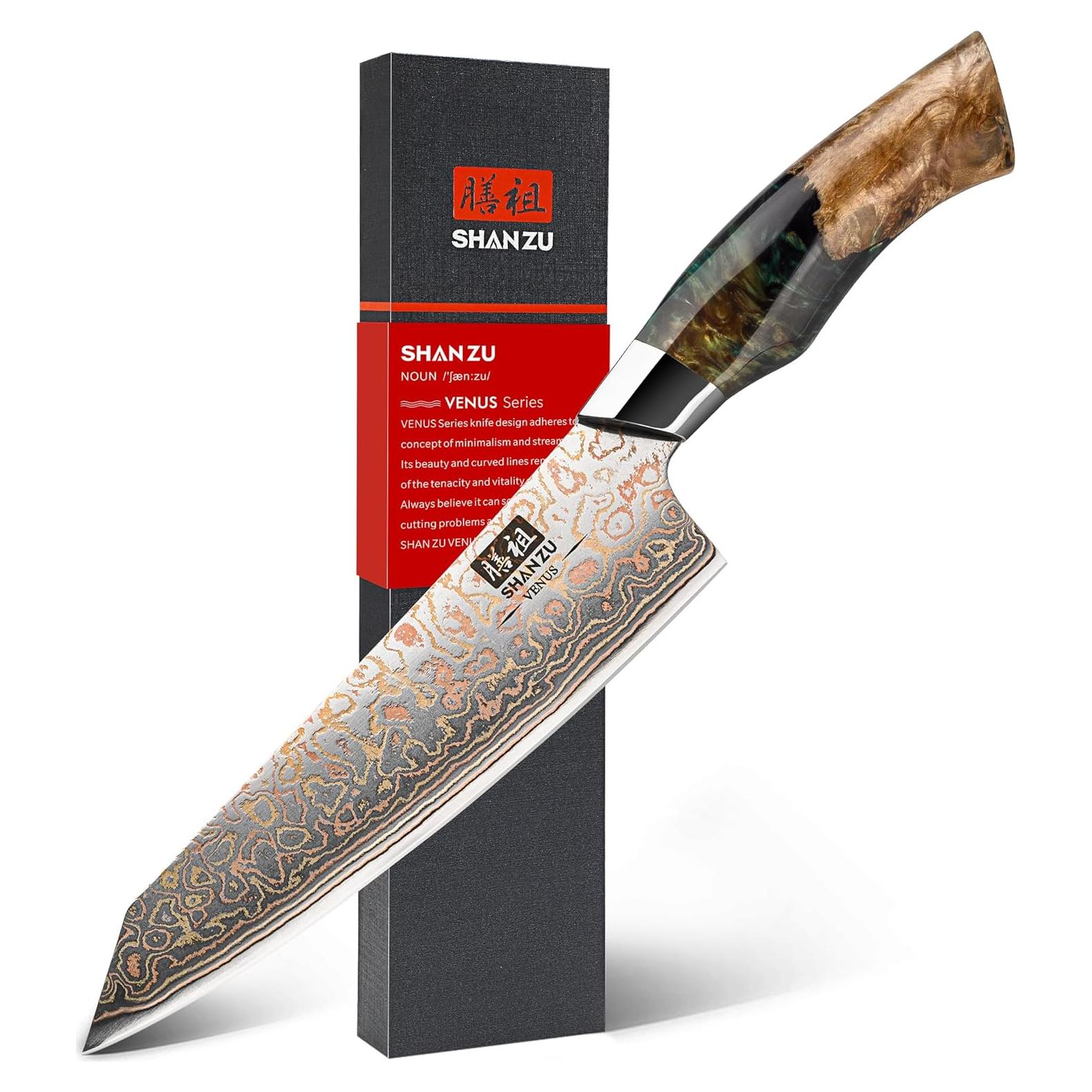 Cuchillo de Chef SHAN ZU Damasco 20.3 cm Forjado a Mano