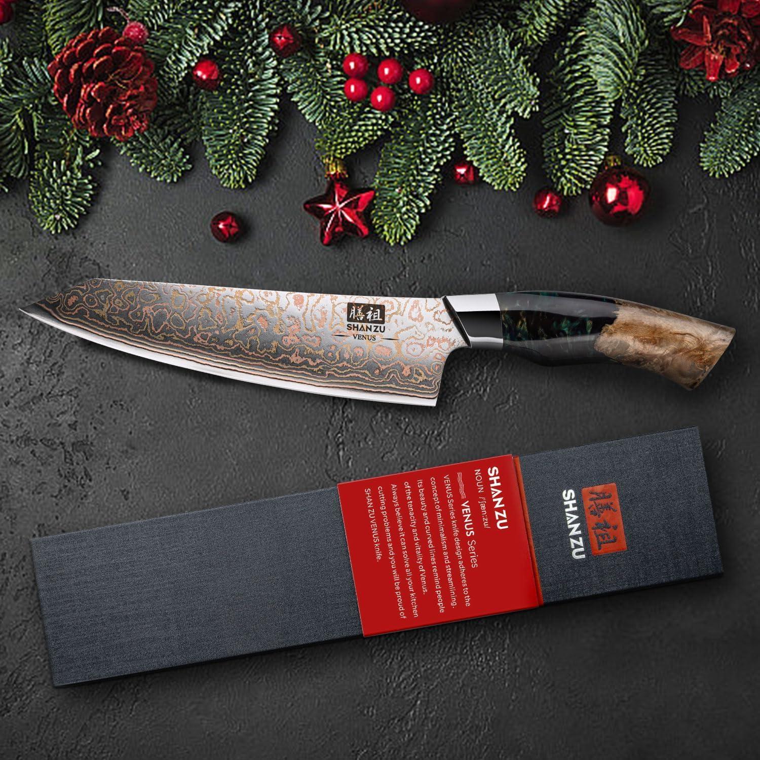 Cuchillo de Chef SHAN ZU Damasco 20.3 cm Forjado a Mano