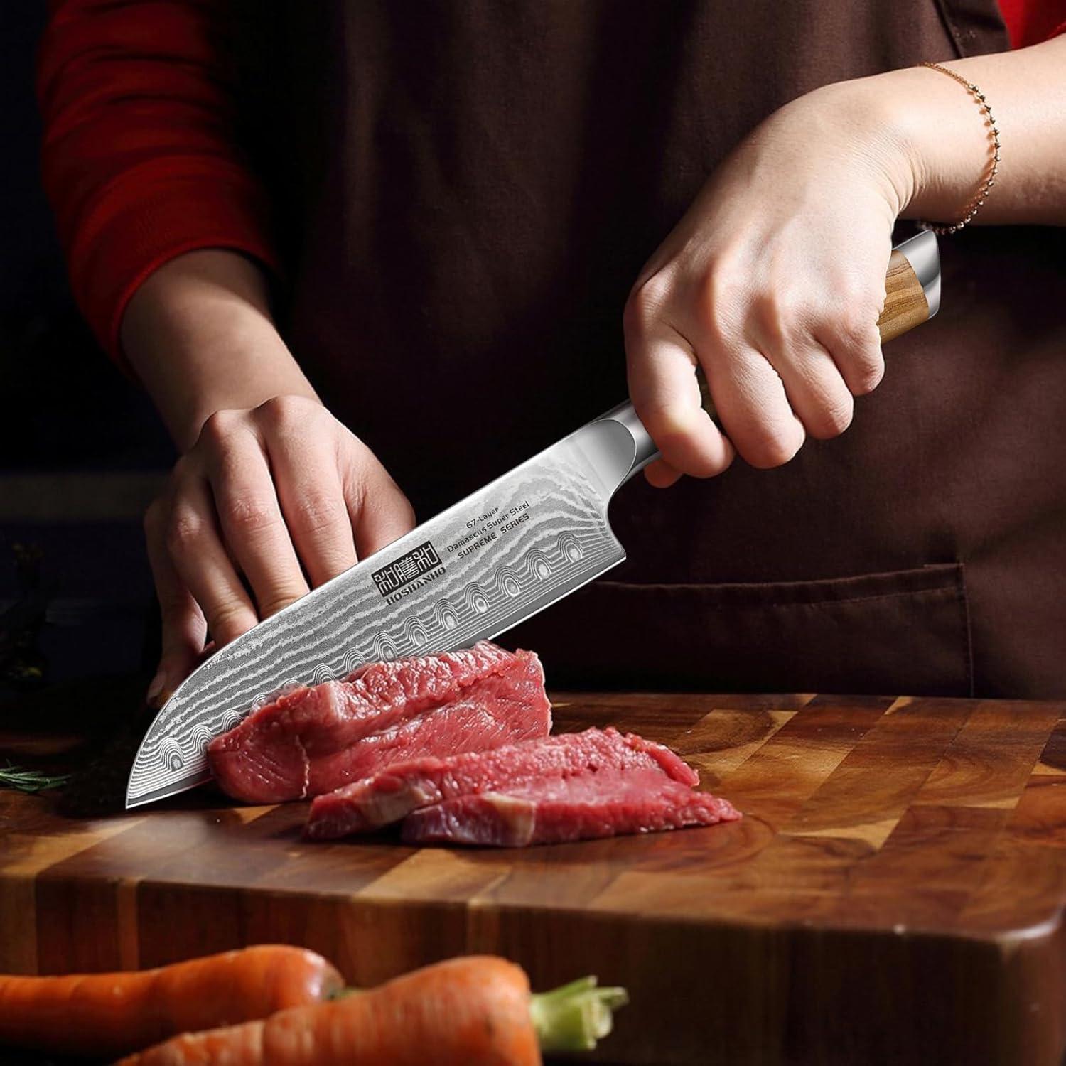 Cuchillo Santoku HOSHANHO Damasco 17.78 cm Mango Madera