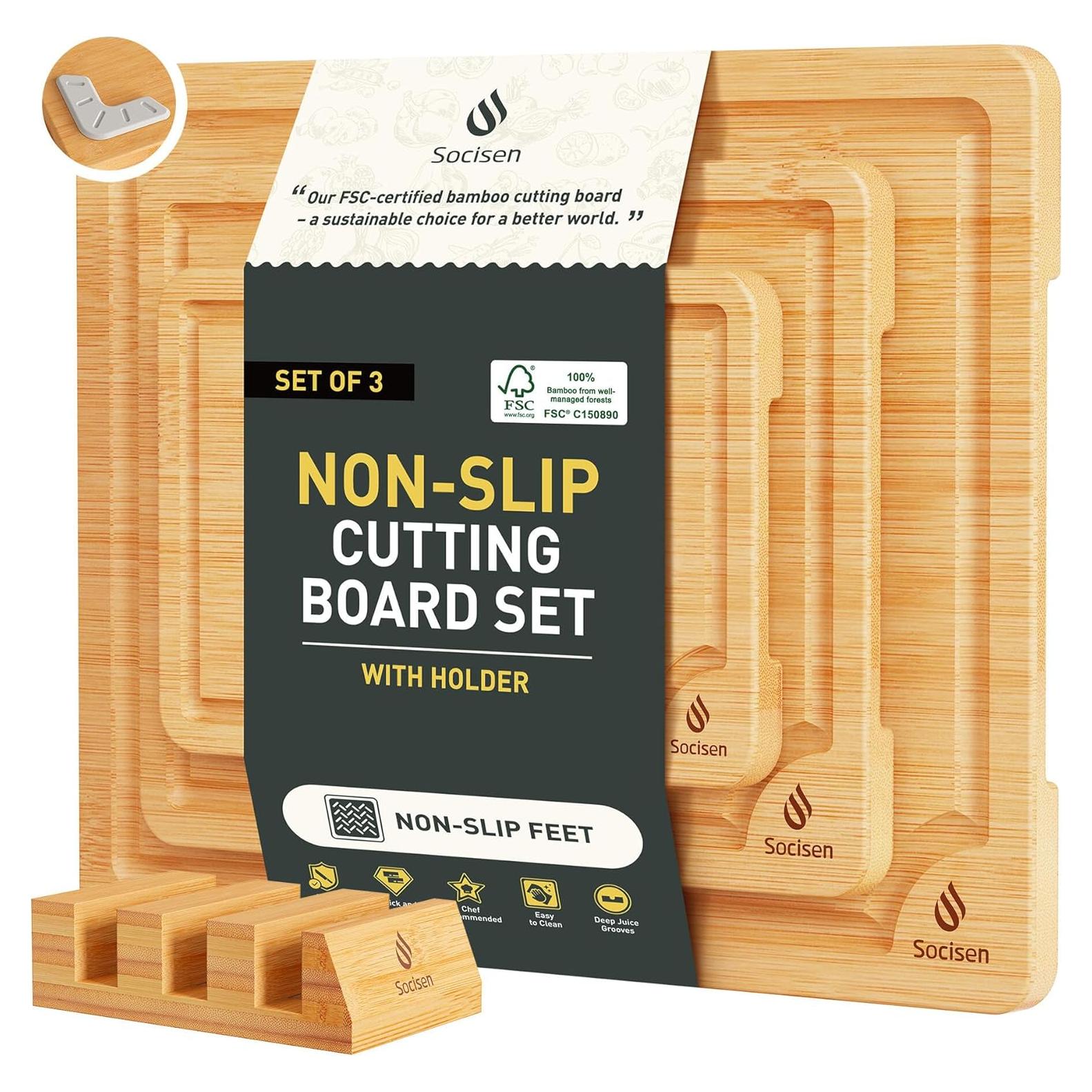 Juego de 3 Tablas de Cortar de Bambú Socisen Antideslizantes