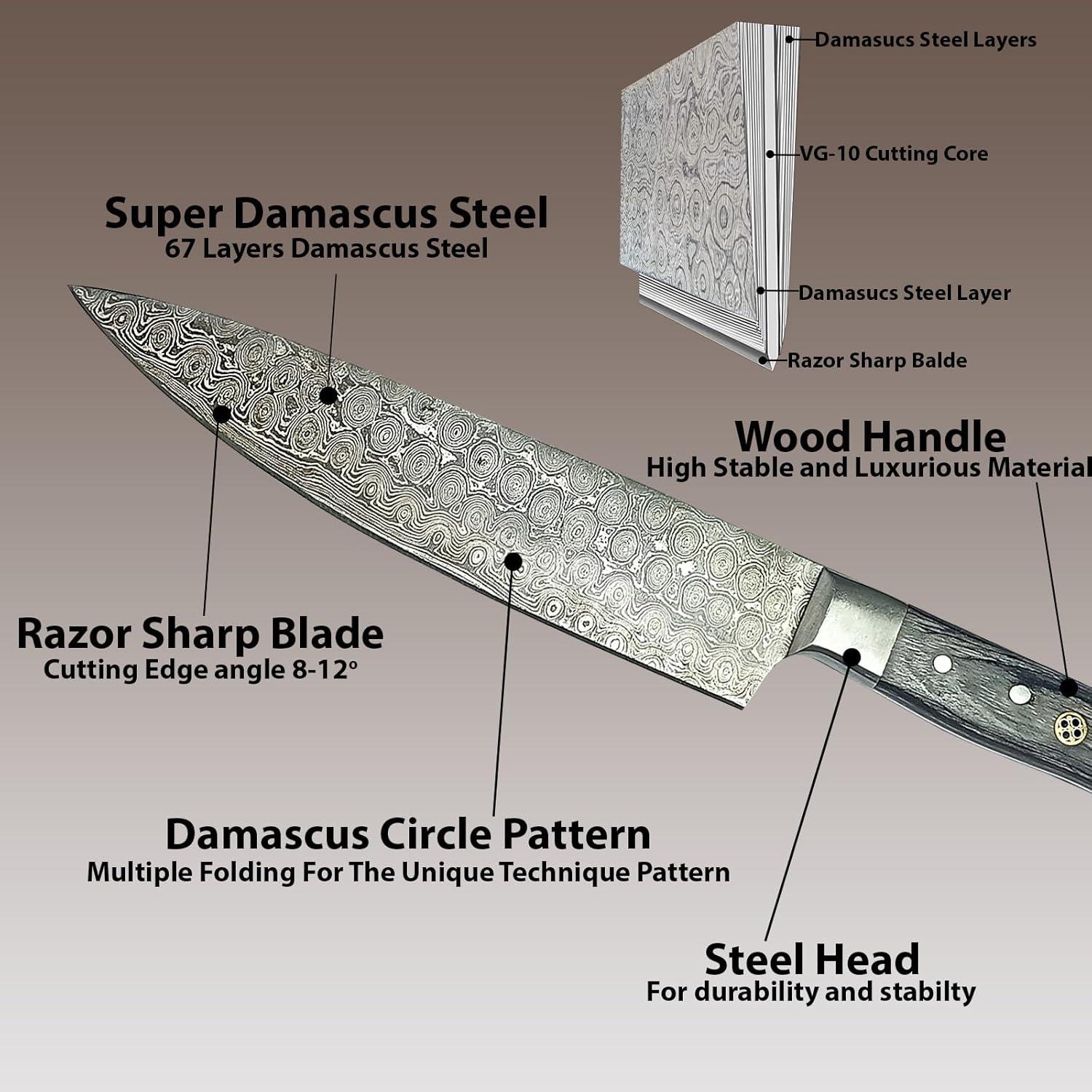 Cuchillo de Chef 20.32 cm Damasco Genérico con Mango Pakka